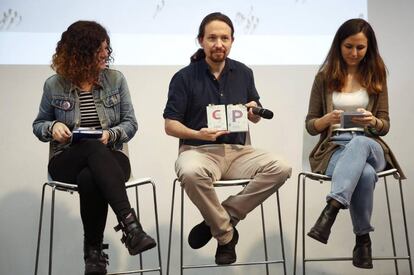 Los principales dirigentes de Podemos, el secretario general del partido y candidato de Unidas Podemos a la presidencia del Gobierno, Pablo Iglesias, Ione Belarra, y Sofía Castañón presentan su programa electoral para el 28A.