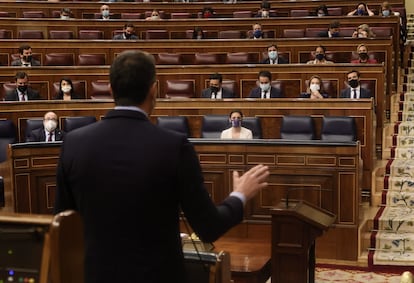 El presidente del Gobierno, Pedro Sánchez, interviene este miércoles en el Congreso de los Diputados, Madrid.