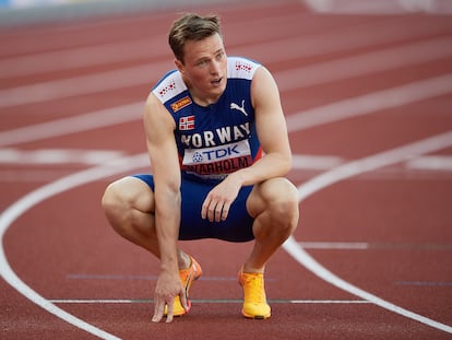 El noruego Karsten Warholm, al acabar los 400 metros vallas del Mundial de Oregón, este martes.