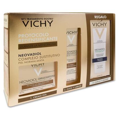 El cofre Vichy Neovadiol Complejo Sustitutivo contiene los 3 pasos del protocolo redensificante de la marca, desarrollado específicamente para pieles maduras.