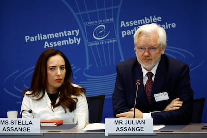 WikiLeaks founder Julian Assange and his wife Stella Assange during a hearing before the Legal Affairs and Human Rights Committee of the Parliamentary Assembly of the Council of Europe in Strasbourg on October 1.