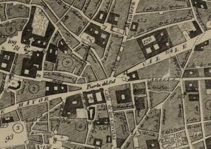 Detalle del mapa de Madrid en 1812 (corregido y aumentado en 1846) de D.P.M. López. |