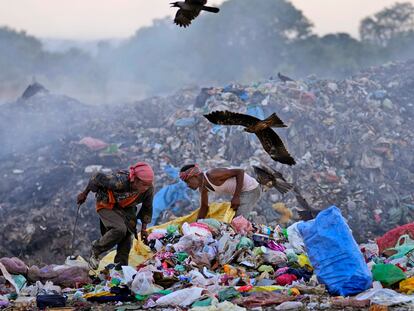 Dos jóvenes buscan objetos reciclables en un vertedero de Jammu (India).