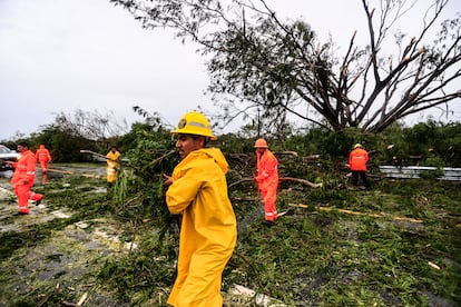 Elementos del cuerpo de bomberos despejan una vía afectada por los fuentes vientos ocasionados por el huracán, en Marquelia, Acapulco.