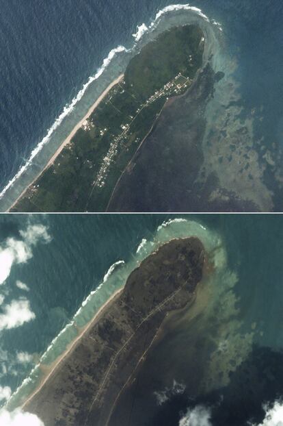 Vista general de Kanokupolu, en Tongatapu,Tonga el 14 de enero (arriba) y el 16 de enero, tras la erupción.