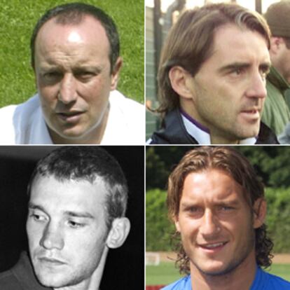 De izquierda a derecha, Rafa Benítez, técnico del Liverpool; Roberto Mancini, entrenador del Inter; Shevchenko, delantero del Milan, y Totti, capitán del Roma.