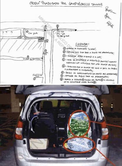 Unos amigos de los McCann dibujaron este mapa en el que señalaban el último lugar en el que decían haber visto a al niña. En la parte inferior, fotografía del vehículo de la familia, donde fue hallado ADN que podía pertenecer a Maddie. La policía determinó que la muestra era "inconcluyente".