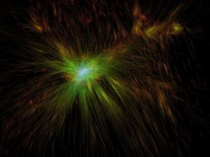 Reconstrucción de la distribución de materia oscura en el universo.
