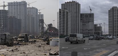 En la imagen de la izquierda, estado en el que quedó un centro comercial en Kiev el 23 de marzo de 2022 tras la explosión de un cohete del ejército ruso. A la derecha, varios coches circulaban en la misma zona el día 18 de este mes. 