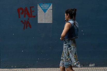 Aspecto de pinta sobre la prohibición de la PAE en el centro de la Ciudad de Tegucigalpa, Honduras, en marzo de 2023.