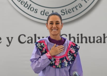 Claudia Sheinbaum durante el evento Plan de Justicia en la Sierra Tarahumara, en Guadalupe y Calvo, Chihuahua, el 17 de mayo 2025.