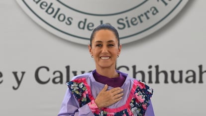 Claudia Sheinbaum durante el evento Plan de Justicia en la Sierra Tarahumara, en Guadalupe y Calvo, Chihuahua, el 17 de mayo 2025.