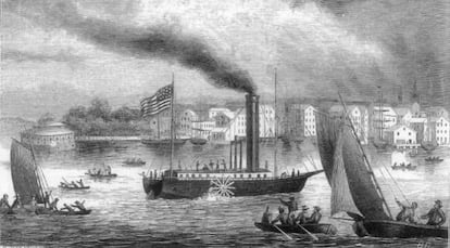 <p>Aunque fue el siglo XVIII el que vio botar el primer barco de vapor -fue el 'Clermont', construido por Robert Fulton en Estados Unidos para subir el río Hudson-, en 1695, Blasco de Garay ya había intentado que la galera 'Trinidad' fuese propulsada por seis ruedas de palas movidas con una máquina de vapor. La corona decidió que no era un proyecto por el que apostar y aquella tentativa quedó sobre el papel.</p><p> <p>En la imagen, el 'Clermont' en el río Hudsol.</p>