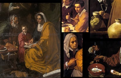 El cuadro hallado en Yale y atribuido a Velázquez, <i>La educación de la Virgen</i>, junto a detalles de cuatro obras del artistas, en el sentido de las agujas del reloj, <i>El aguador de Sevilla</i>, <i>Vieja friendo huevos</i>, <i>Cristo en casa de Marta y María</i> y <i>El almuerzo</i> (Fotografía, cortesía de <i>Ars Magazine</i>).