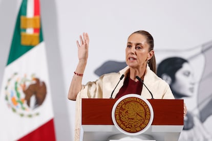 Claudia Sheinbaum en rueda de prensa este martes, en el Palacio Nacional.