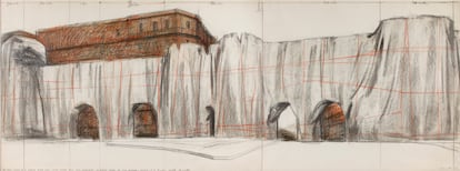 Dibujo de Christo del empaquetado de la Puerta Pinciana, en Roma, (1973). 