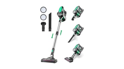 Ofertas primavera aspiradora escoba sobre fondo blanco.