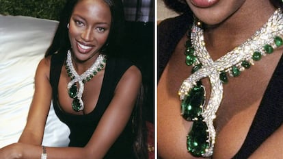 Naomi Campbell luciendo un collar de serpiente de platino de Cartier llamado Eternity. GETTY IMAGES.