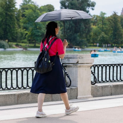 MADRID, 01/08/2025.- Una joven pasea este viernes en el parque de El Retiro en Madrid. Una nueva ola de calor azotará previsiblemente desde este domingo gran parte de la península, especialmente el centro y la mitad sur, hasta al menos el próximo martes, cuando se espera "el día más caluroso del episodio", con temperaturas que podrían rondar los 44 grados en algunos casos. EFE/ Mario Moron