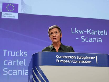 La comisaria europea de Competencia, Margrethe Vestager, en rueda de prensa en Bruselas.    REUTERS/Yves Herman