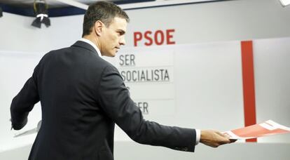 Pedro Sánchez, ahir a la seu del PSOE al madrileny carrer de Ferraz.