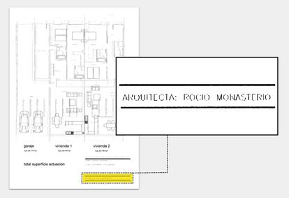 Plano entregado en el Ayuntamiento de Madrid para la construcción de dos 'lofts' en la calle Carolinas, 19, en 2003, en el que aparece como arquitecta Rocío Monasterio.