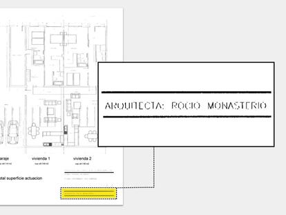 Plano entregado en el Ayuntamiento de Madrid para la construcción de dos 'lofts' en la calle Carolinas, 19, en 2003, en el que aparece como arquitecta Rocío Monasterio.