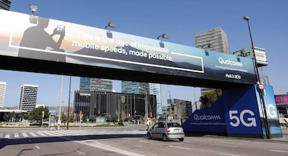 Un cartel de Qualcomm sobre el 5G en la Fira de Barcelona.