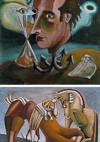 <i>Autorretrato</i> (1944), de Eugenio Granell, (arriba) y <i>Cronista de Indias</i> (1944), de Eugenio Granell (abajo).