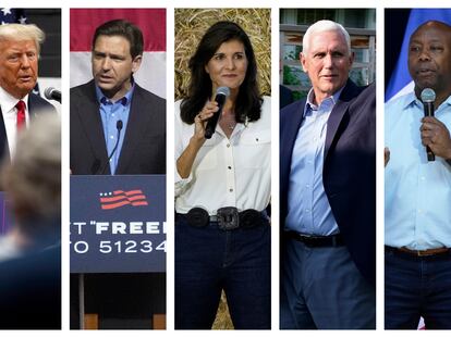 De izquierda a derecha, Donald Trump, Ron DeSantis, Nikki Haley, Mike Pence y Tim Scott.