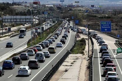 Traffic jams on the A-3 road from Madrid to Valencia.