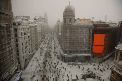 Panorámica de la Gran Vía de Madrid y la plaza de Callao, este sábado.