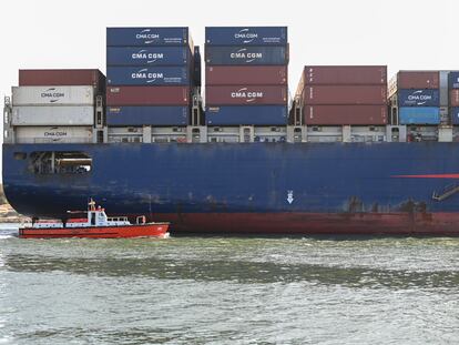 A ship transits the Suez Canal on January 10.