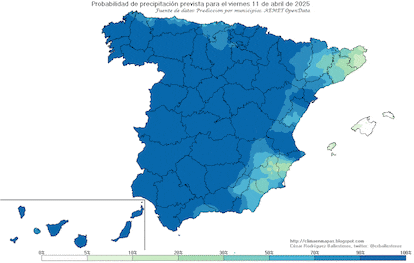Mapa con la probabilidad de lluvia prevista entre este viernes y el miércoles próximo. Las aspas rojas son de nieve.