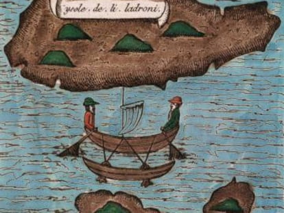 Dibujo de la Islas de los Ladrones (hoy Las Marianas) tomado de la copia de 'La primera vuelta al mundo', de Pigafetta.