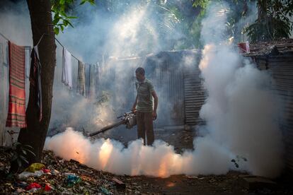 Un trabajador rocía pesticida para matar mosquitos como medida preventiva contra el dengue en una zona residencial densamente poblada de Dhaka, en Bangladés, el 14 de mayo de 2024.