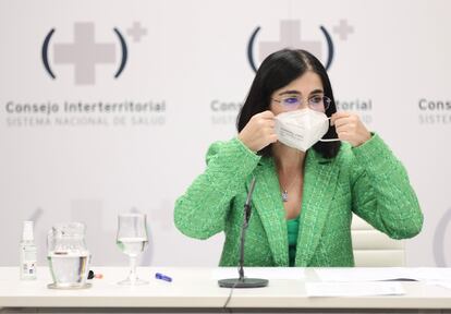 La ministra de Sanidad, Carolina Darias, comparece para informar de los asuntos tratados en el Consejo Interterritorial del Sistema Nacional de Salud, este jueves.