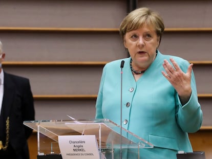 La canciller alemana, Angela Merkel, el miércoles en la sesión plenaria del Parlamento Europeo en Bruselas.