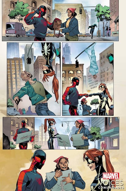 Arte interna de 'Marvel's Voices: Comunidades'. Miles Morales aparece en la historia 'Latinx and Proud', producida por el escritor Julio Anta, el dibujante Enid Balám, el tintas Oren Junior y el colorista Federico Blee.