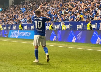 Portillo celebra su gol en la prórroga ante el Mirandés este sábado.