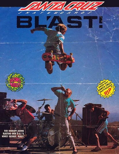 El grupo BL'AST! en un anuncio de la compañía Santa Cruz con el skater Rob Roskopp (1985).