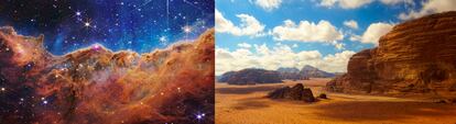 La nebulosa Carina y el desierto de Wadi Rum, en Jordania, donde se rodaron 'Star Wars: El ascenso de Skywalker', 'Marte' y otras películas recientes de ciencia ficción.