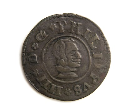 Moneda de 16 maravedís con el retrato de Felipe IV.