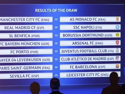 Painel mostra o resultado do sorteio das oitavas de final da Liga dos Campeões, divulgado nesta segunda-feira em Nyon, na Suíça.