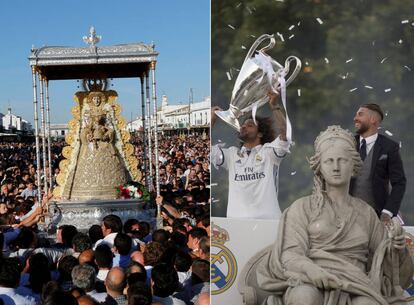 La Virgen del Rocío y, a la derecha, la Diosa Cibeles.
