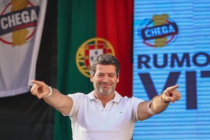 André Ventura, durante el útimo acto de campaña de Chega en Lisboa.