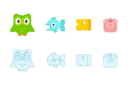 Duolingo's familiar owl mascot and other icons from the app. What the user sees and the designers' outline constructions.