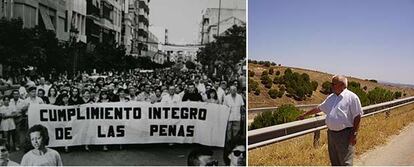 Manifestación en Puente Genil tras el crimen de Casta Castrillo en la que se exigía el cumplimiento íntegro de las penas en casos de esta naturaleza (fotografía de Framasr cedida por el diario <i>Córdoba).</i><b> A la derecha</b>, Cipriano, padre de Casta, señala el lugar donde dejaron su bicicleta, que no apareció nunca.