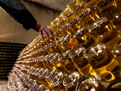 Botellas en reposo en la bodega de Dominio de la Vega, en la denominación Utiel-Requena.