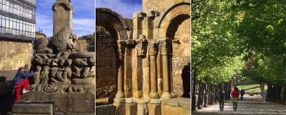 De izquierda a derecha, tres imágenes de Soria: la plaza Mayor, el monasterio de San Juan de Duero y el paseo del Postiguillo por la orilla del Duero.